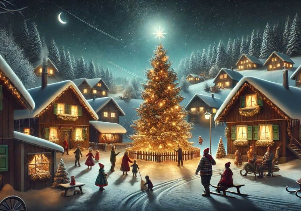 Weihnachtsdorf mit Menschen und schneebedeckten Bäumen, festliche Atmosphäre in einer winterlichen Landschaft.
